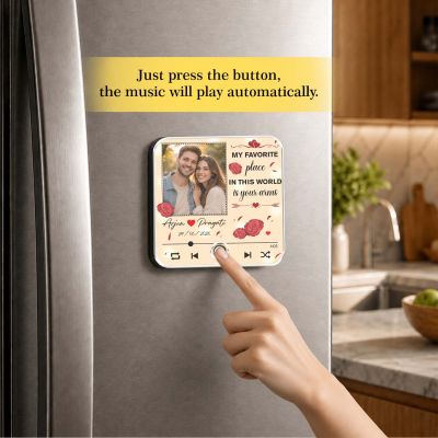 Personalized My Favorite Place is Your Arms Quote Printed Musical Fridge Magnet Anniversary & Birthday Gifts for Boyfriend Girlfriend Husband Wife | Music Player Style Keepsake Frame